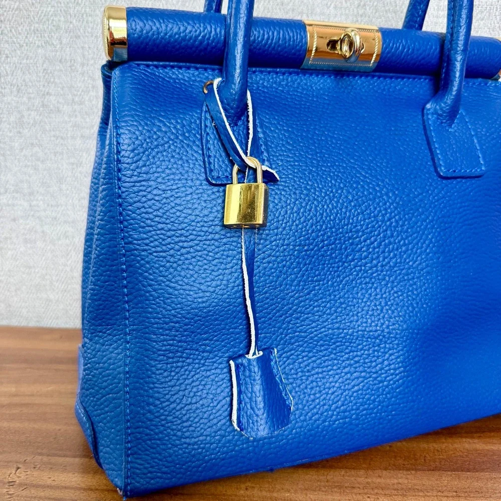 Italian Leather Satchel Quiet Luxury Y2K Cobalt‎ Blue Top Handle Crossbody Bag